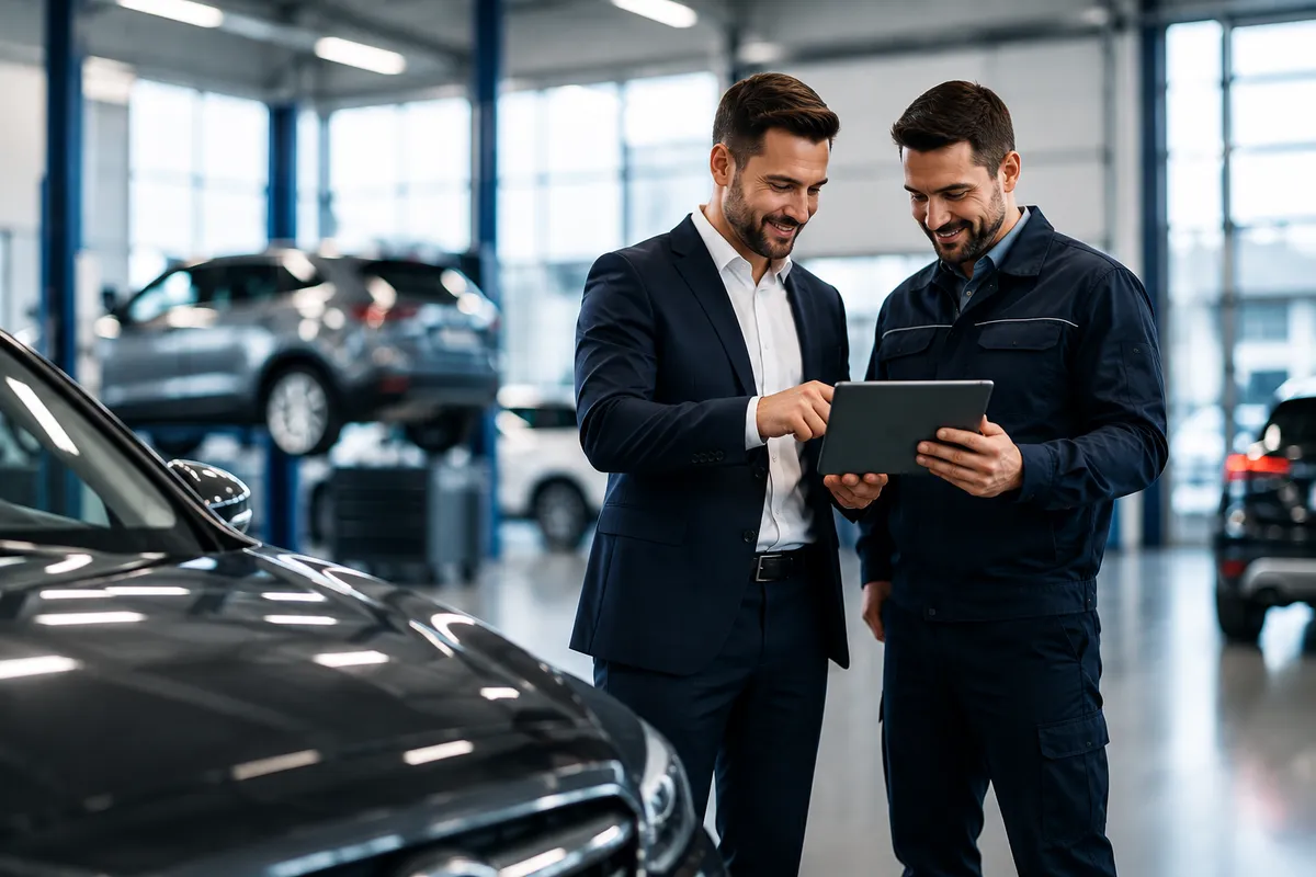Beratung im Autohaus mit digitalem Tablet